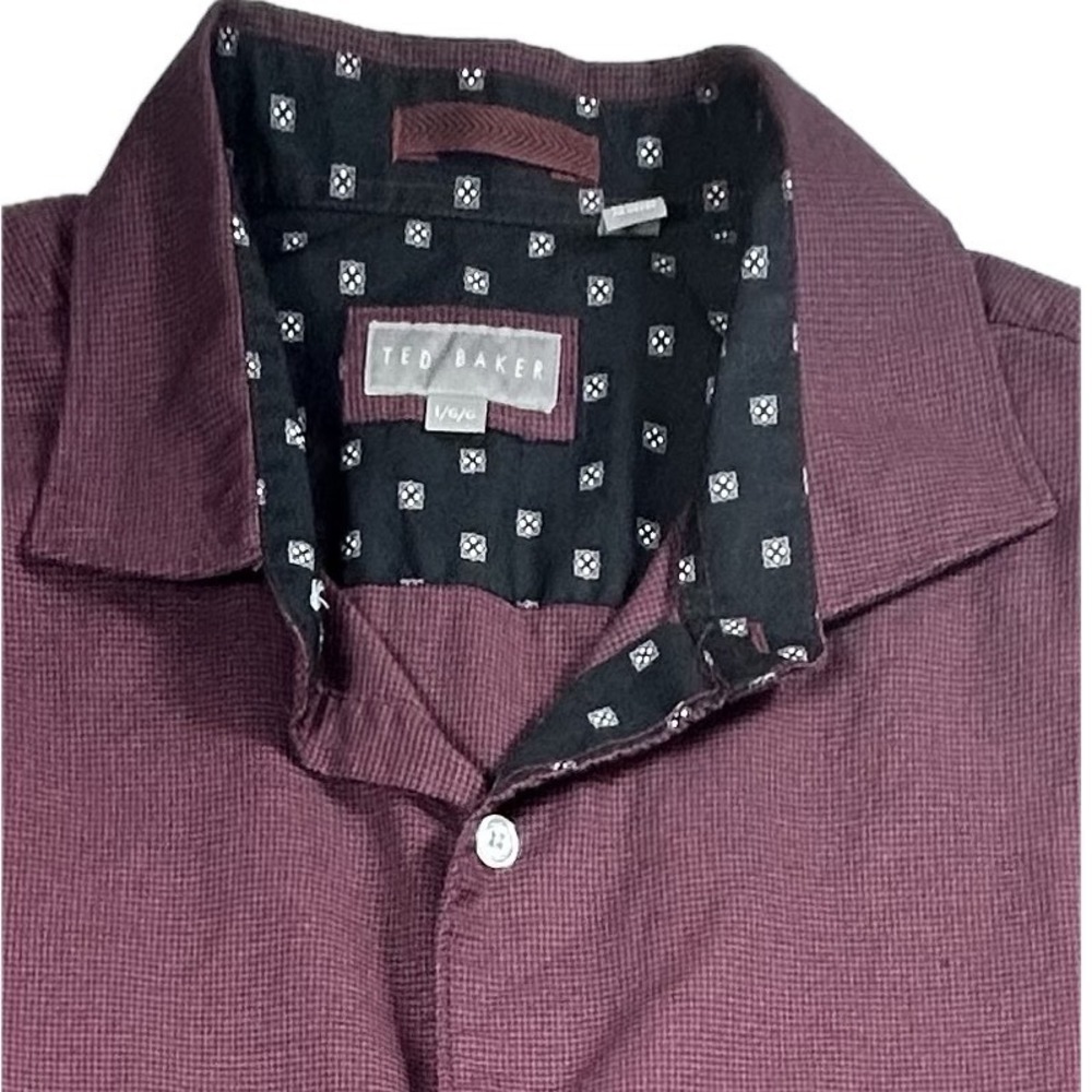Ted Baker Mens L Burgundy Micro Check Button Up Shirt 100% Cotton Contrast Cuff